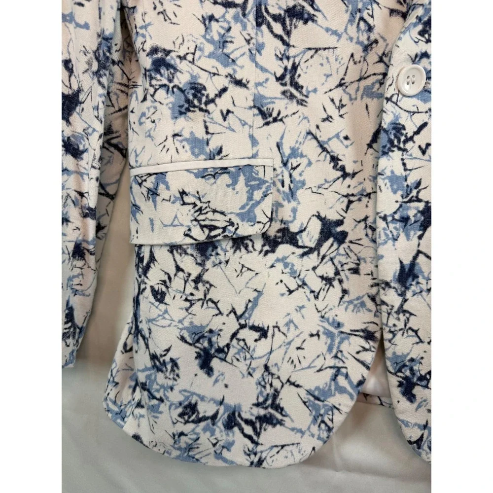 Cielo Mens 36R Blue White Abstract Marble Print Linen Blend Blazer Jacket modern